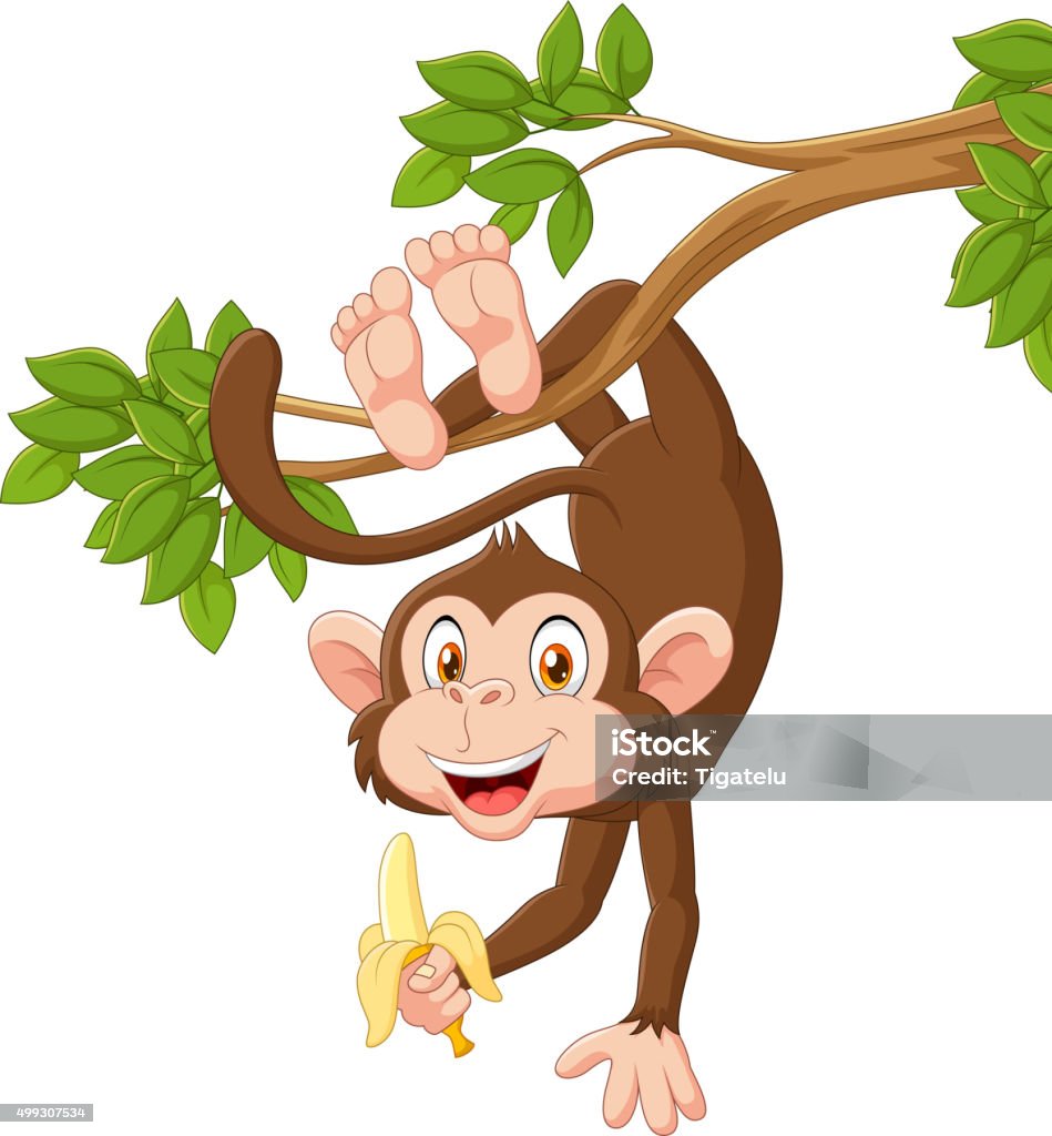 말풍선이 있는 즐거운 원숭이 매달기 및 쥠 바나나 - 로열티 프리 원숭이 벡터 아트