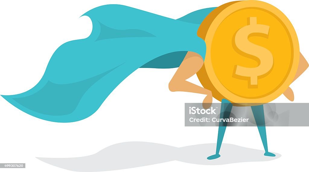Money super hero or heroic gold coin standing with cape Cartoon illustration of super hero coin standing proudly with cape Superhero stock vector