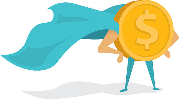 Money super hero or heroic gold coin standing with cape Cartoon illustration of super hero coin standing proudly with cape super money stock illustrations