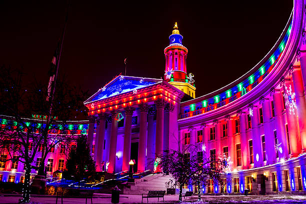 denver stadt und county building holiday lights - denver colorado colorado winter snow stock-fotos und bilder