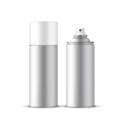 silver spray bottles set with lid isolated on white background