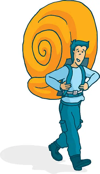 Vector illustration of Adventurous man carrying a huge snail shell as backpack