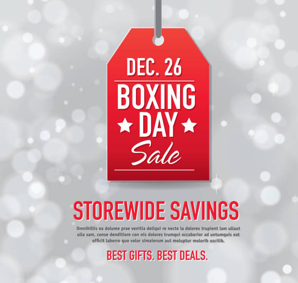 Boxing Day Sale advertisement with red tag and sample text template. Royalty free Vector illustration of a Red Boxing day event icon tag with sample text design. Star on face of Boxing Day sale event  price tag. Silver bokeh background. Fully editable and  easy to edit vector illustration layers. Includes sample text design and shadow below.