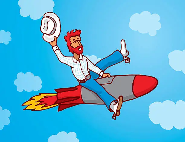 Vector illustration of Funny cowboy riding missile as rodeo