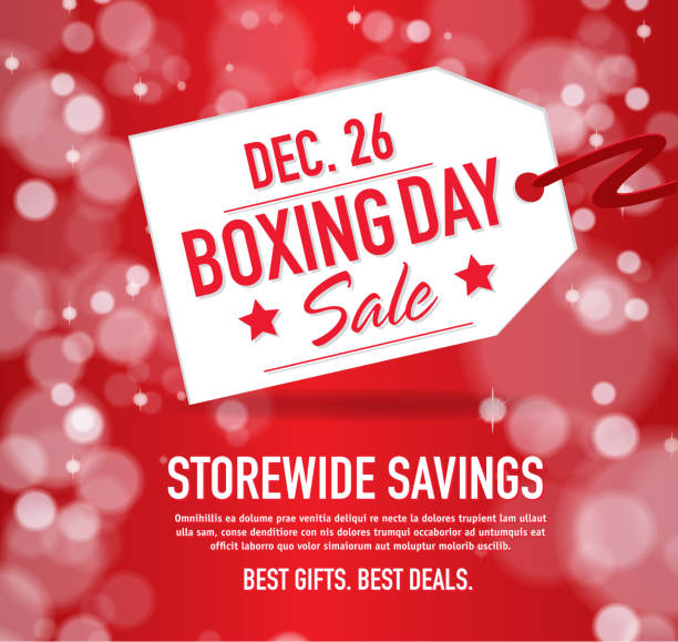 Boxing Day Sale advertisement with red tag and sample text template. Royalty free Vector illustration of a Red Boxing day event icon tag with sample text design. Star on face of Boxing Day sale event  price tag. Silver bokeh background. Fully editable and  easy to edit vector illustration layers. Includes sample text design and shadow below.