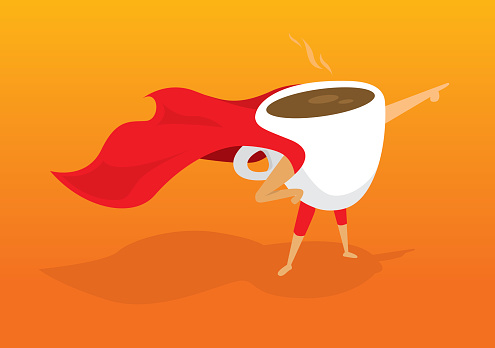 Cartoon illustration of super hero coffee pointing at sunrise breakfast