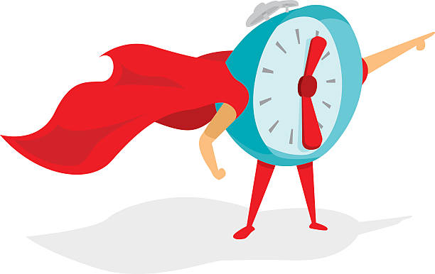 Alarm clock or time super hero with cape vector art illustration
