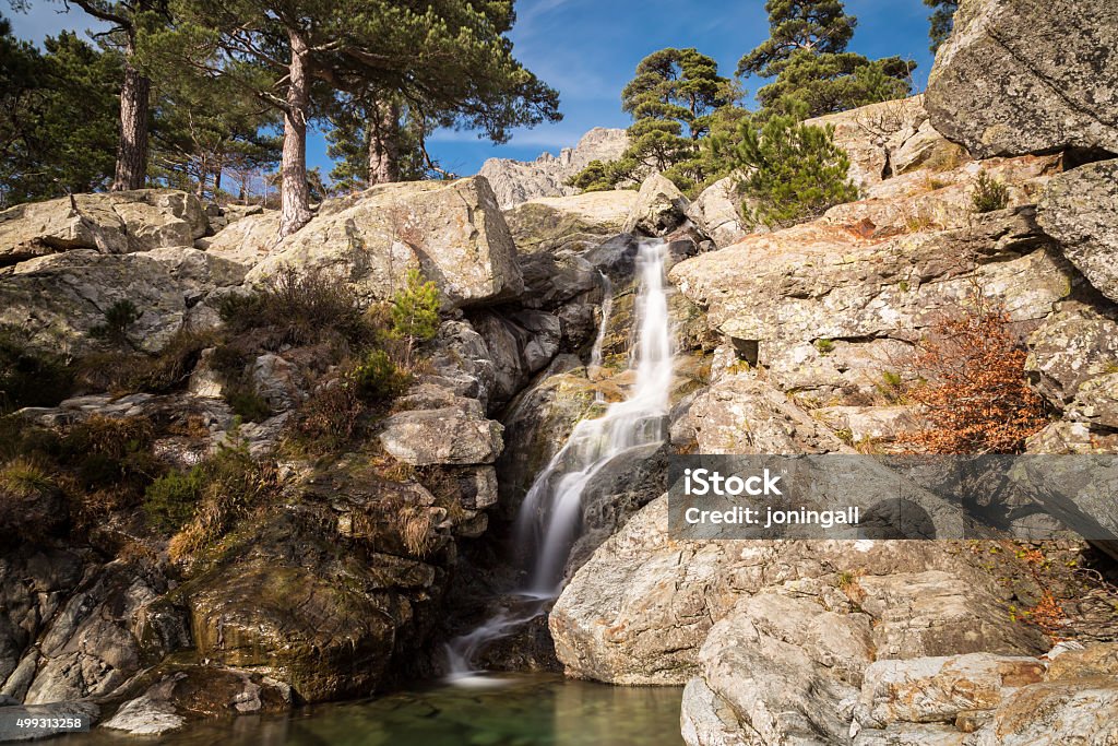 Waterfall of the English waterfall near Vizzavona in Corsica Slow shutter image of Cascade des Anglais waterfall cascading into crystal clear pool on the GR20 trail near Vizzavona in Corsica Forest Stock Photo