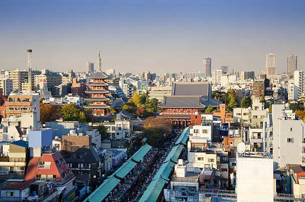 Aerial view of Senso-ji Temple in Asakusa, Tokyo, Japan.