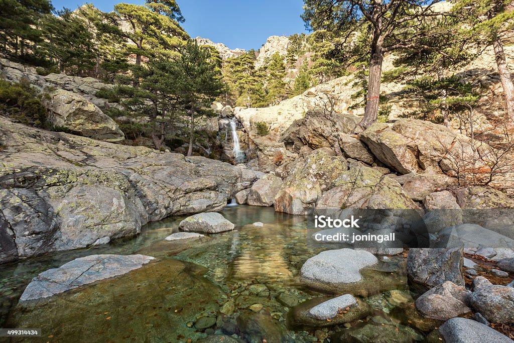 Waterfall of the English waterfall near Vizzavona in Corsica Slow shutter image of Cascade des Anglais waterfall cascading into crystal clear pool on the GR20 trail near Vizzavona in Corsica Forest Stock Photo