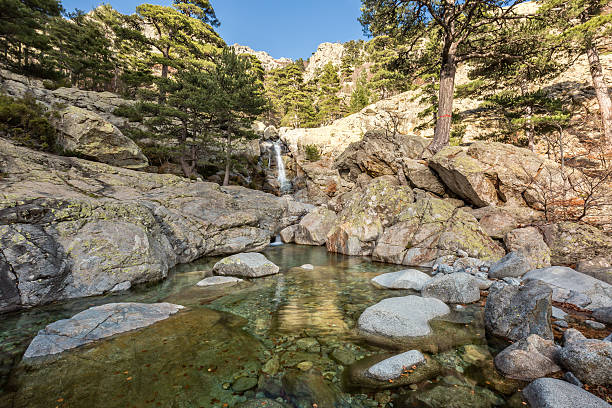 Waterfall of the English waterfall near Vizzavona in Corsica stock photo