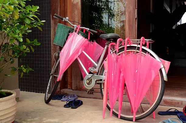 Photo of Pink Umbrella and Vintage Bicycle.