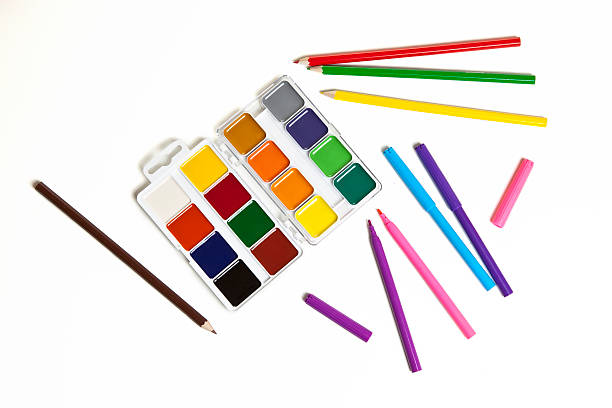 istock Watercolors, pencils and markers on a white background 499315896