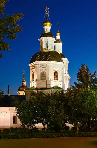 Kazan Cathedral in the Holy Trinity Seraphim-Diveevo monastery in the evening lights, the village Diveevo, Russia