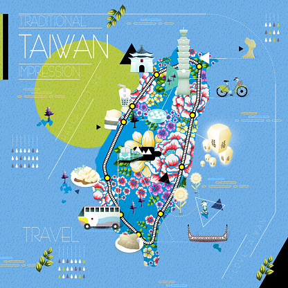 beautiful Taiwan attractions map with hakka floral pattern - blessing word in chinese on the sky lantern