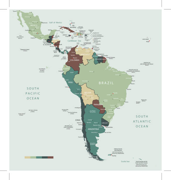illustrazioni stock, clip art, cartoni animati e icone di tendenza di sud america mappa di paesi e città - argentina america del sud