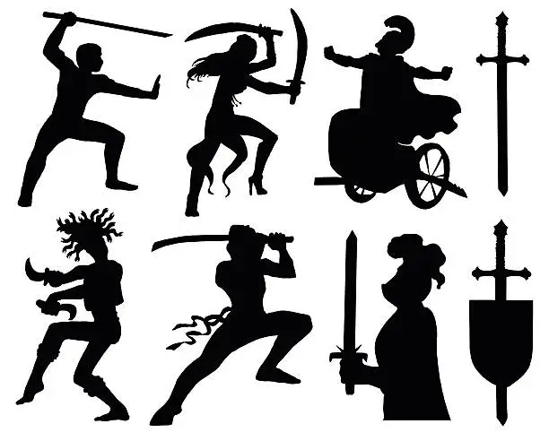 Vector illustration of Set with warriors silhouettes