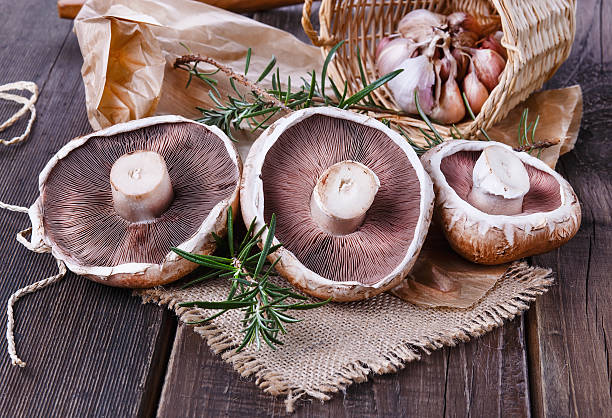 Portobello mushrooms over rustic wooden background stock photo