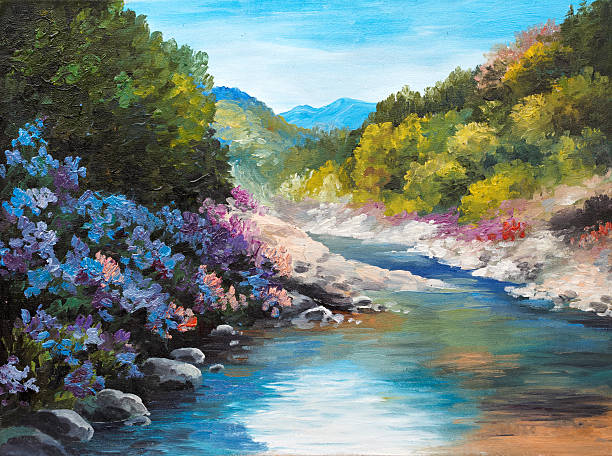 istock Oil Painting - mountain river, flowers near the rocks, forest 499336363