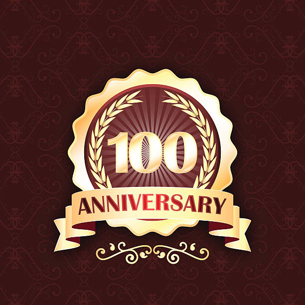 istock 100th gold anniversary label with ribbon and laurel wreath. 499340436