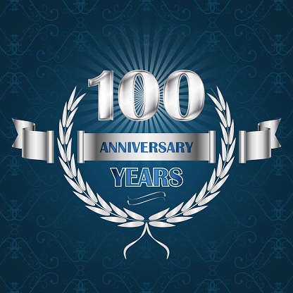 100 year anniversary emblem with ribbon and laurel wreath. Vector illustration for your graphic design.