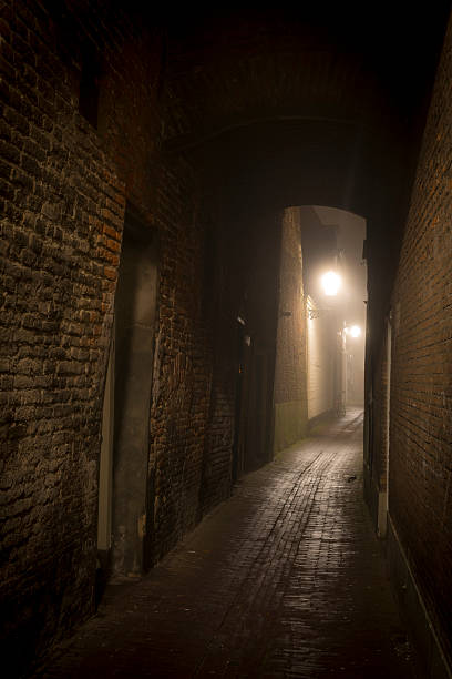 istock Dark alley during a foggy night 499342428