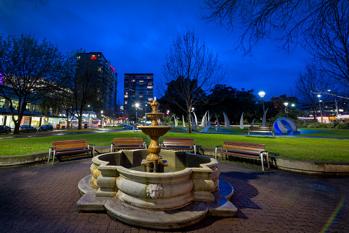 Adelaide, South Australia - August 11, 2015: Hindmarsh Square at night. It was named by the Street Naming Committee after John Hindmarsh, who was the first Governor of South Australia. Long exposure effect