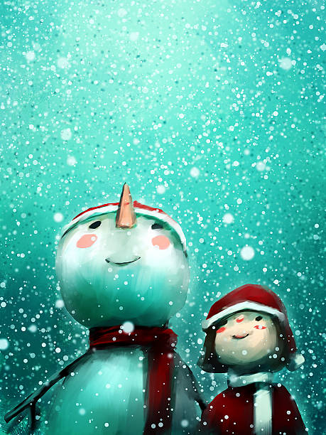 illustrations, cliparts, dessins animés et icônes de la peinture numérique de jolie fille avec bonhomme de neige en hiver - backgrounds canvas cold color image