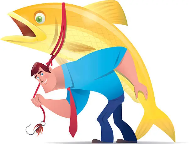 Vector illustration of businessman carrying big gold fish