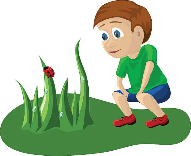 Vector illustration of illustration of a little boy looking at ladybug on grass