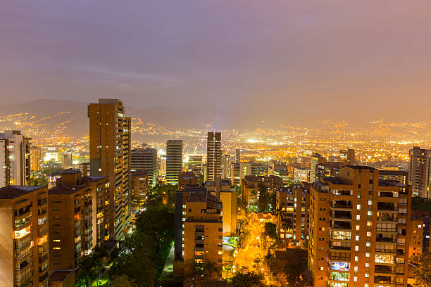 Cityscape of Medellin at night, Colombia stock photo