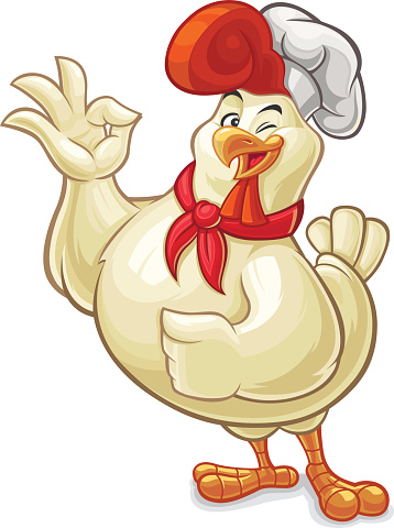 A cartoon chicken wearing a chef hat and showing an ok sign.