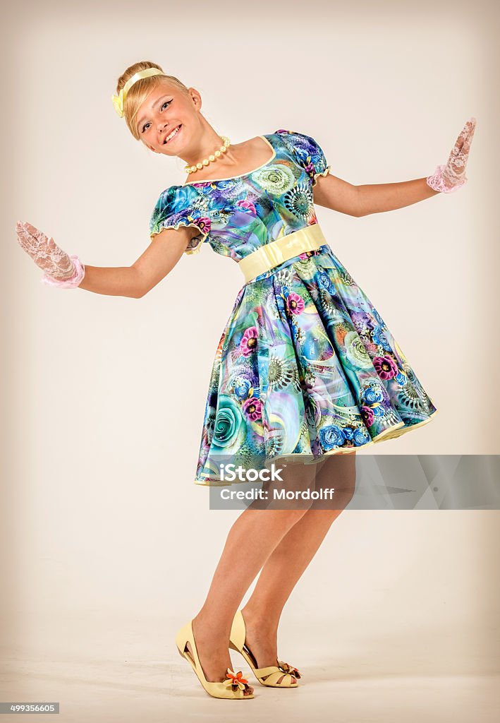 Teen girl dancing swing Lovely teenage girl dancing retro dance '50s. Vintage style photo 1950-1959 Stock Photo