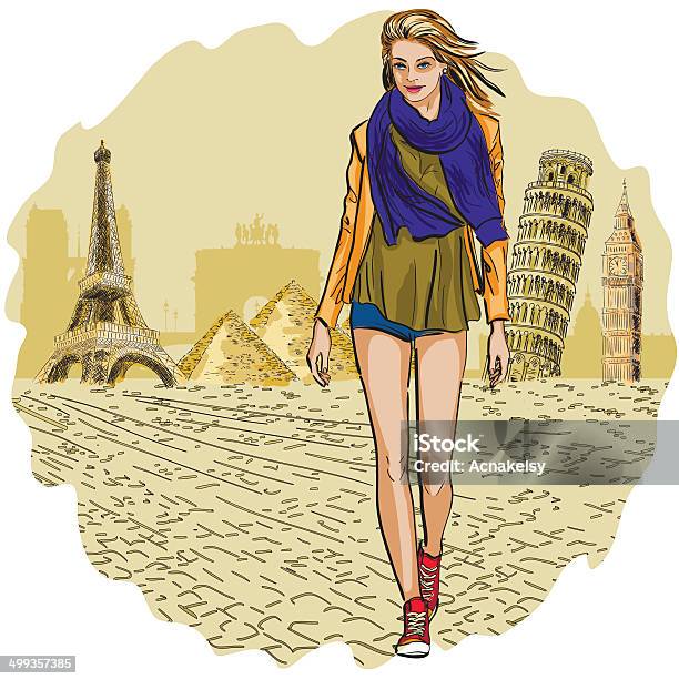 Pretty Fashion Woman On Travel And Tourism Background Stock Illustration - Download Image Now