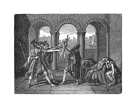19th-century illustration of the Horatii set out to meet the Curiatii. Original artwork published in 
