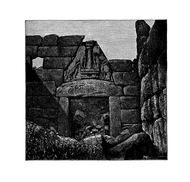 19th-century illustration of The Lion's Gate at Mycenae (Cycloplan Walls). Original artwork published in 