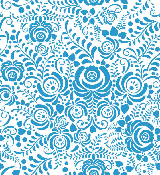 Azul e branco sem costura padrão em Estilo Russo gzhel - ilustração de arte vetorial
