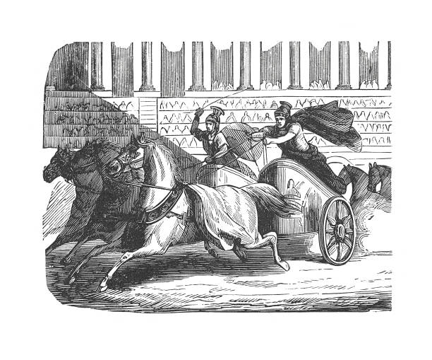 Chariot race in ancient Rome (antique engraving) 19th-century illustration of chariot race in ancient Rome. Original artwork published in "A pictorial history of the world's great nations: from the earliest dates to the present time" by Charlotte M. Yonge (Selmar Hess, New York, 1882). chariot racing stock illustrations