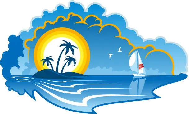 Vector illustration of Idyllic tropical island with a yacht