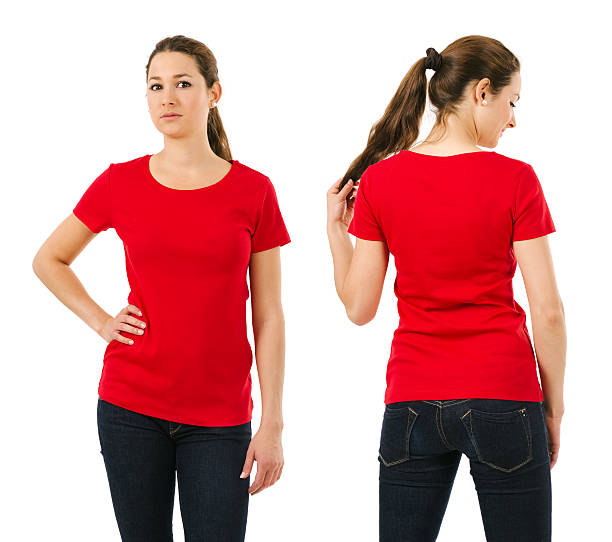 istock Serious woman wearing blank red shirt 499363175