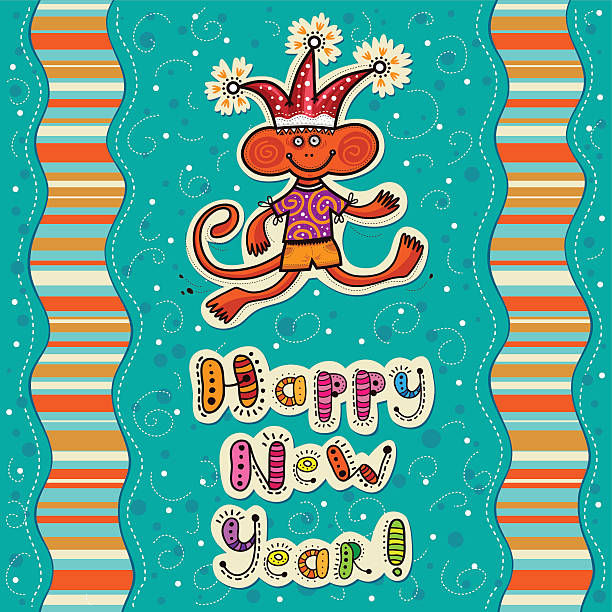 Greeting card with funny monkey HNY vector art illustration