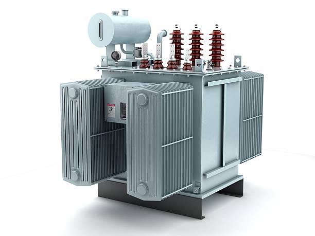 Power Transformer 3D illustration of high voltage transformer on white background. transformer stock pictures, royalty-free photos & images