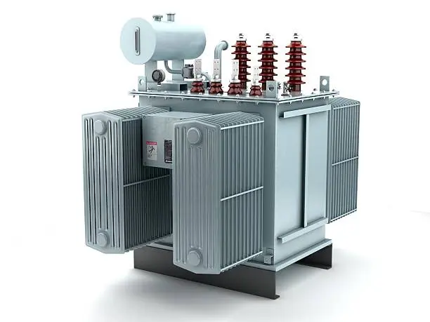 3D illustration of high voltage transformer on white background.
