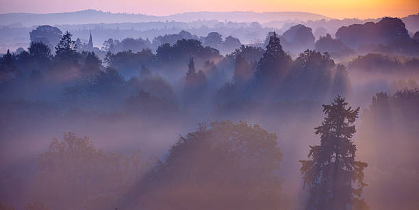 dawn mist w the surrey hills - church steeple silhouette built structure zdjęcia i obrazy z banku zdjęć