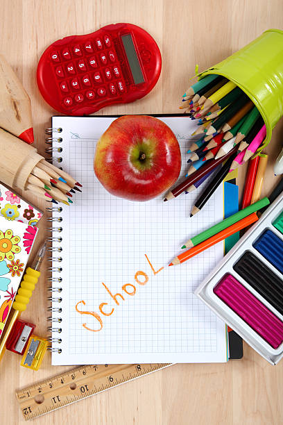 istock School and office supplies on a wooden table. 499369960