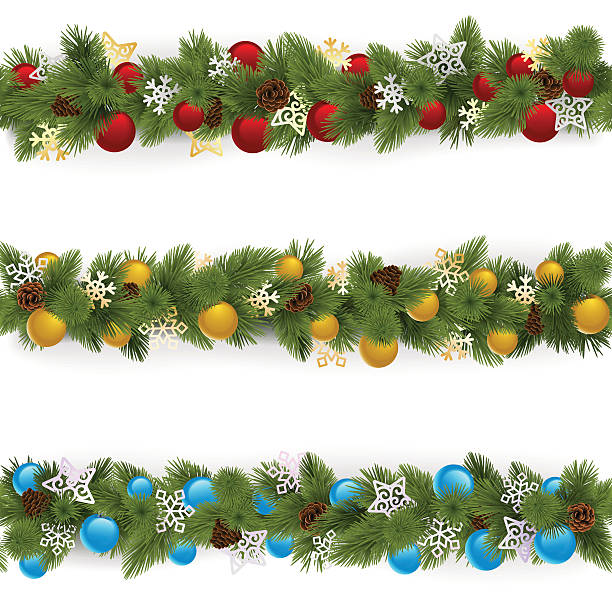 Vector Christmas Borders Set 4 Vector set of Christmas borders decorated with golden, blue and red baubles, isolated on white background garland stock illustrations