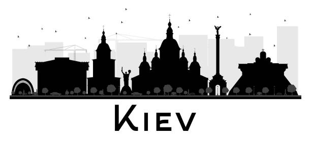 Kiev City skyline black and white silhouette. Kiev City skyline black and white silhouette. Vector illustration. Simple flat concept for tourism presentation, banner, placard or web site. Business travel concept. Cityscape with landmarks kyiv stock illustrations