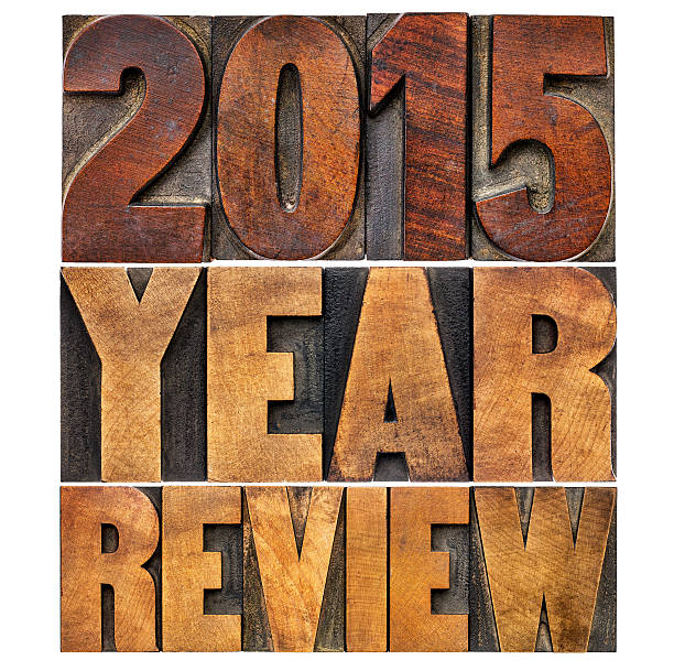 revisione del 2015 anno del banner - questionnaire wood dirty letterpress foto e immagini stock