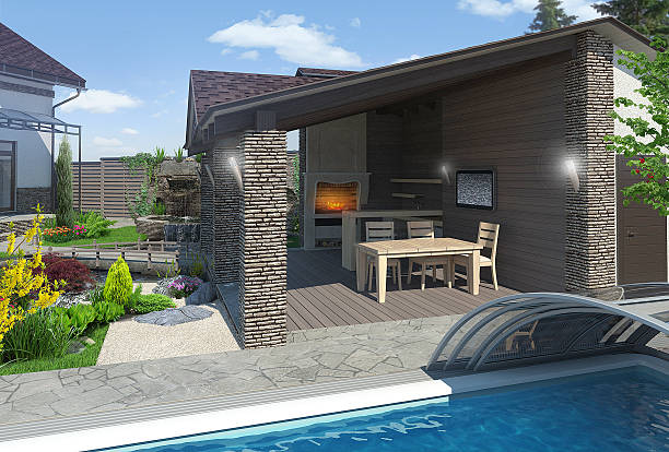 istock Arrangement patio living space, 3D render 499375316