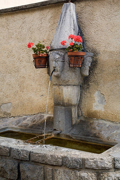 istock Small French fountain with two flower pots 499377700